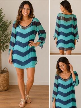 Roxy Chevron Stripe Sheer Dress with Slip | Size Medium